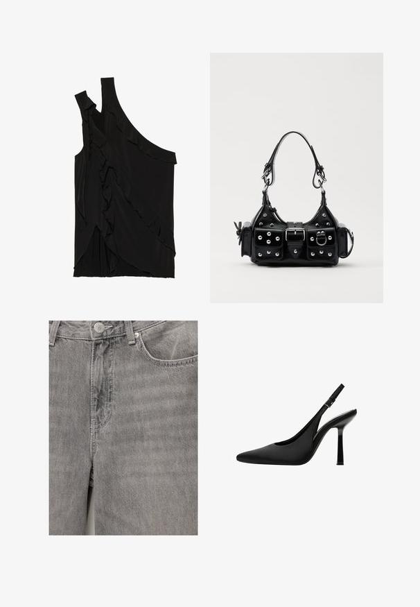 Aszimmetrikus fekete top, puha anyagból, oldalsó fodrokkal és egyetlen pánttal. Sima textúra, drapált dizájnelemekkel.; Szürke farmernadrág sima textúrával, elülső gombbal és cipzárral záródik, oldalsó zsebekkel és finom varrási részletekkel rendelkezik.; Fekete selyem slingback magassarkú cipő hegyes orral, elegáns kialakítással és magas, fényes tűsarokkal. Állítható bokapánt részlet.; Fekete bőr kézitáska ívelt designnal, ezüst szegecsekkel, csattal és két oldalsó zsebbel. Állítható vállpánt a hordozási lehetőségekhez.