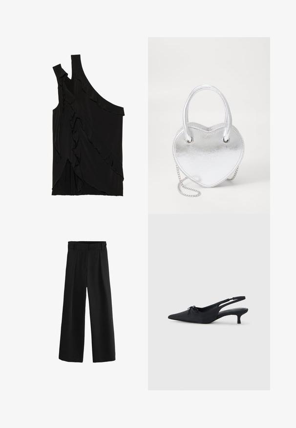 Asimetrična crna majica od mekog materijala s volanima sa strane i jednim remenom. Glatka tekstura s drapiranim dizajnerskim elementima.; Crne hlače širokog kroja s visokim strukom, koje sadrže nabore i glatku, tkanu teksturu. Izrađene od mekog materijala za udobnost.; Crne slingback štikle s šiljastim vrhom, teksturiranom tkaninom, malim mašnom sprijeda i umjerenom kitten petom.; Srebrna metalik torbica u obliku srca s dvostrukim ručkama, lancem i glatkom teksturom. Sadrži metalne dijelove i šavove.