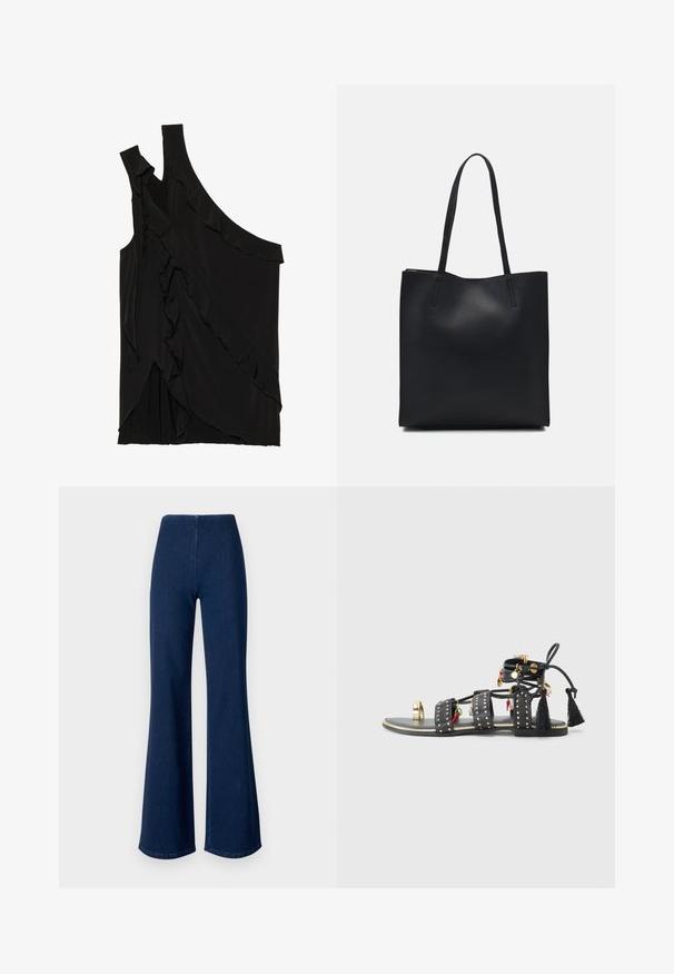 Asymmetrical black top in soft fabric featuring ruffles along the side and a single strap. Smooth texture with draped design elements.; Dark blue flared jeans made of denim with an elastic waistband. Features a smooth texture and wide leg design extending to the hem.; Black leather sandals featuring three wide straps with gold studs, decorative tassels, and charms in red and green. Flat sole with a gold accent.; Black leather tote bag with smooth texture, rectangular shape, and two long handles. No visible hardware or embellishments.