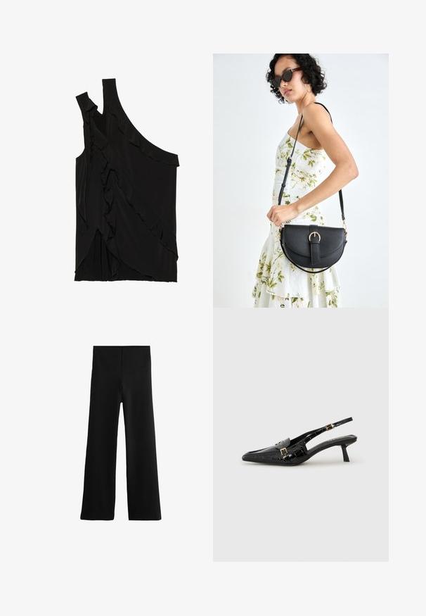 Asymmetrisk sort top i blødt stof med flæser langs siden og en enkelt strop. Glat tekstur med draperede designelementer.; Sorte brede bukser med en glat tekstur, høj talje og ingen synlige lukninger. Rent design med en lige snit.; Sorte spidse slingback hæle med krokodilleskind, slank hæl og en dekorativ guldspænde detalje på remmen.; Sort læderhåndtaske med en buet form, aftagelig rem og guldfinish. Tasken har en klap med en spænde detalje.