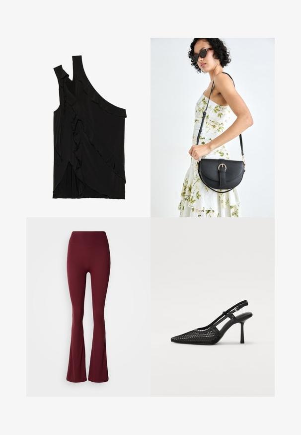 Asymmetrical black top in soft fabric featuring ruffles along the side and a single strap. Smooth texture with draped design elements.; High-waisted, deep red leggings with a fitted thigh and flared calf design on a neutral background.; Black slingback high-heeled shoe with a pointed toe, featuring a mesh design, adjustable strap, and glossy heel.; Black leather handbag with a curved shape, detachable strap, and gold hardware. The bag features a flap with a buckle detail.