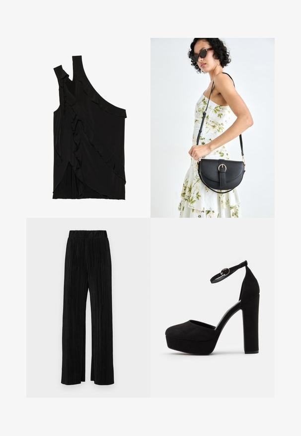 Asymetryczny czarny top z miękkiego materiału, z falbanami po boku i jednym ramiączkiem. Gładka tekstura z elementami drapowania.; Czarne spodnie plisowane z elastycznym paskiem w talii. Posiadają szerokie nogawki oraz gładki, teksturowany materiał z pionowymi paskami.; Czarne zamszowe platformy na wysokim obcasie z zaokrąglonym noskiem, paskiem na kostce oraz wysokim słupkowym obcasem. Gładka faktura o matowym wykończeniu.; Czarna skórzana torebka o zakrzywionym kształcie, z odpinanym paskiem i złotymi akcentami. Torebka posiada klapę z zapięciem w kształcie klamry.