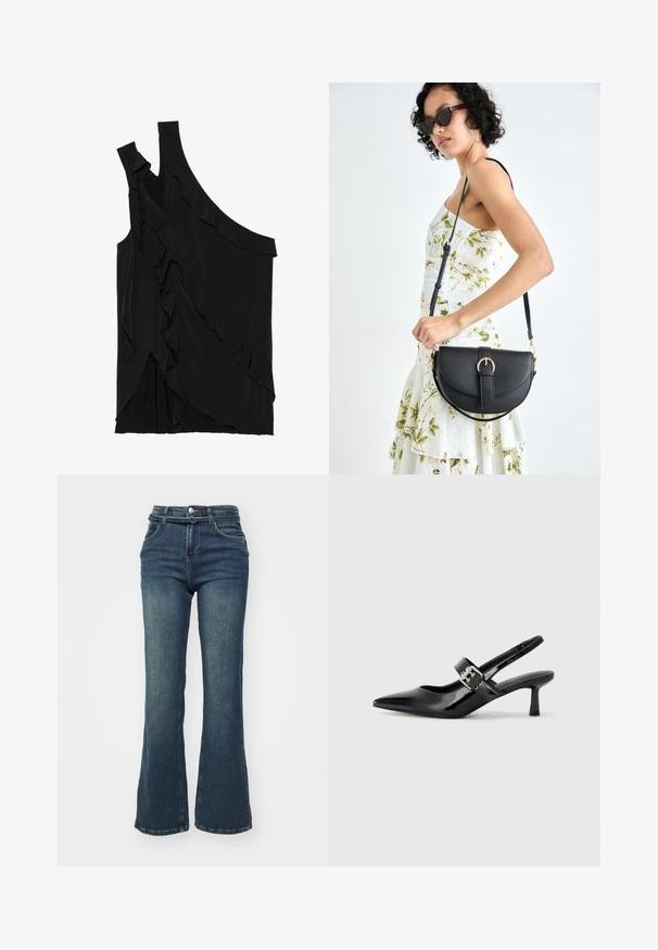 Asymmetrische zwarte top van zachte stof met rimpels aan de zijkant en een enkele band. Gladde textuur met gedrapeerde ontwerpelementen.; Donkerblauwe flare jeans met een hoge taille, gemaakt van denim. Beschikt over voorkezen, een knoopsluiting en subtiele vervaging op de dijen.; Zwarte gepatineerde leren slingback hakken met een puntige neus en een kleine blokhak, met een zilveren gespaccent op de band.; Zwarte leren handtas met een gebogen vorm, afneembare schouderband en gouden hardware. De tas heeft een klep met een gespsluiting.