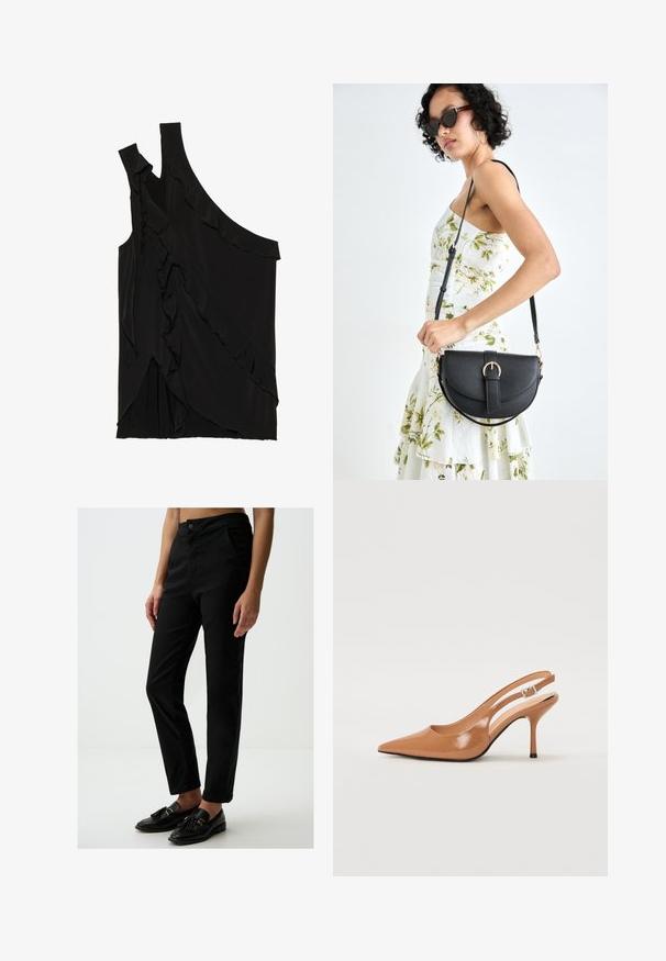 Asymmetrische zwarte top van zachte stof met rimpels aan de zijkant en een enkele band. Gladde textuur met gedrapeerde ontwerpelementen.; Zwarte high-waisted broek gemaakt van een soepele katoenmix, met voorzakken en een slim fit, gecombineerd met zwarte loafers.; Puntige slingback hak in een glad, glanzend beige materiaal. Bevat een gebogen uitsnijdontwerp en een slanke stiletto hak. Zilveren gesp detail.; Zwarte leren handtas met een gebogen vorm, afneembare schouderband en gouden hardware. De tas heeft een klep met een gespsluiting.