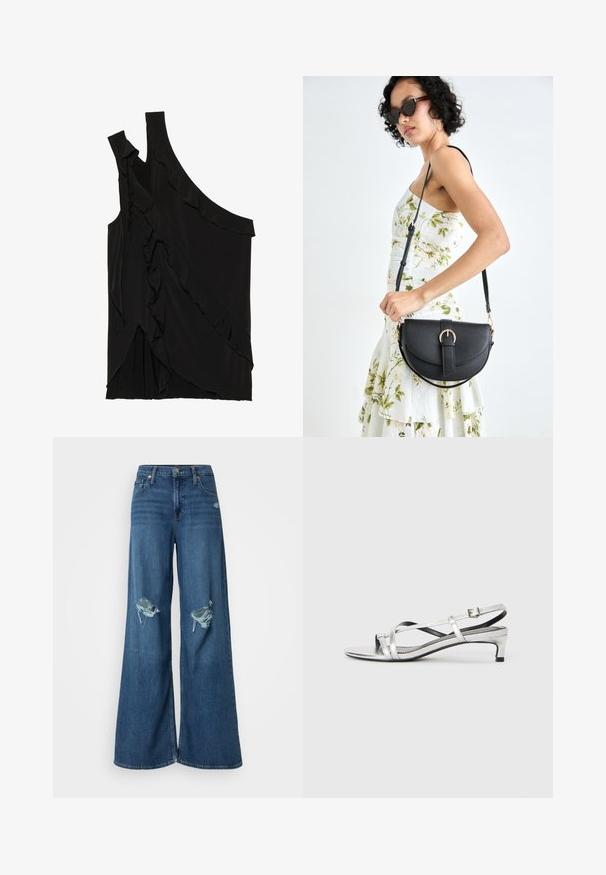 Asymmetrisk svart topp i mjukt tyg med volanger längs sidan och en ensam axelrem. Slät yta med draperade designelement.; Gap Tall BAGGY TALIA - Flared jeans - medium destroy; Silverfärgad metallisk slingback-sandal med låg klack, som har korsade remmar och en slät yta. Minimalistisk design.; Svart läderhandväska med en böjd form, avtagbar rem och guldiga detaljer. Väskan har ett lock med en spänndetalj.; Silverfärgade hoopörhängen med en slät, rund design och en polerad yta. De är tunna och lätta, med en enkel spänne.