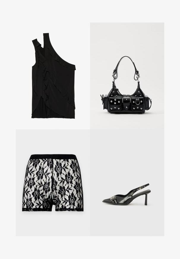 Asymmetrical black top in soft fabric featuring ruffles along the side and a single strap. Smooth texture with draped design elements.; Black lace shorts with a floral pattern and contrasting solid black waistband. Transparent design with soft texture, mid-thigh length.; Black patent leather slingback shoe with pointed toe, ankle straps featuring silver buckles and hardware, and a slender heel.; Black leather handbag with a curved design, featuring silver studs, a buckle, and two side pockets. Adjustable strap for carrying options.