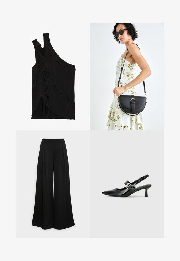 Asymmetrisches schwarzes Oberteil aus weichem Stoff mit Rüschen an der Seite und einem einzigen Träger. Glatte Textur mit drapierten Designelementen.; Weite schwarze Hose aus einem weichen Stoff, mit vorderen Falten und einem hohen Bund, der eine fließende Silhouette bietet.; Schwarze Lackleder Slingback-Absätze mit spitzem Zeh und kleinem Blockabsatz, ausgestattet mit einem silbernen Schnallenakzent am Riemen.; Schwarze Lederhandtasche mit geschwungener Form, abnehmbarem Tragegurt und goldenen Beschlägen. Die Tasche verfügt über einen Deckel mit einer Schnallen-Details.