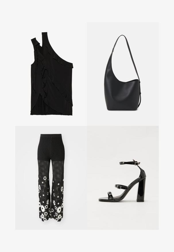 Ασύμμετρο μαύρο τοπ από μαλακό ύφασμα με ρίγες κατά μήκος της πλευράς και έναν μόνο ιμάντα. Λείο υφή με σχεδιαστικά στοιχεία που κρεμούν.; Maje POCHETTY - Παντελόνι - noir/blanc; Μαύρες πατέντες σανδάλια με τακούνι, τετράγωνη μύτη, ιμάντες αστραγάλου και ασημένιες πόρπες. Διαθέτουν χοντρό μπλοκ τακούνι για σταθερότητα.; Μαύρη δερμάτινη tote τσάντα με λείο υφή, καμπύλο σχήμα και μία ρυθμιζόμενη ζώνη. Διαθέτει μεγάλη άνοιγμα στην κορυφή.