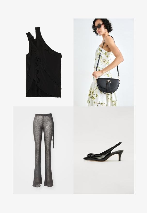 Asymmetrical black top in soft fabric featuring ruffles along the side and a single strap. Smooth texture with draped design elements.; Flared, knitted pants in dark gray with an open weave design. Features a drawstring waist and textured fabric.; Black patent leather slingback shoe with a pointed toe, small heel, and a prominent bow accent on the vamp. Smooth texture and sleek design.; Black leather handbag with a curved shape, detachable strap, and gold hardware. The bag features a flap with a buckle detail.