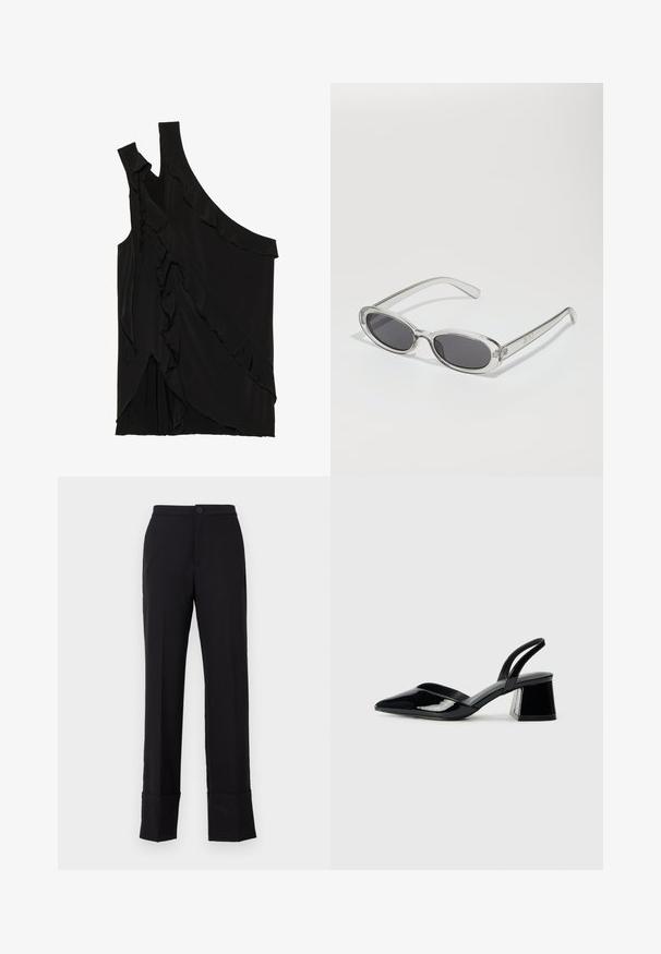 Asimetrisks melns tops no mīksta auduma ar volāniem pa sāniem un vienu siksniņu. Gluda tekstūra ar slīdoša dizaina elementiem.; Melnas taisnās kājas bikses ar pogu aizdari un locītu apakšmalu, izgatavotas no gludas auduma ar matētu apdari. Šūta dizaina.; Melna lakota āda ar atvērto papēdi, ar smailu purngalu un ģeometrisku blokpapēdi. Iezīmējas elegants, minimāls dizains un gluda tekstūra.; Saulesbrilles ar ovālu formu, caurspīdīgu plastmasas rāmi, tumši pelēkiem stikliem un plāniem caurspīdīgiem kātiem, kas satur logotipa akcentus un minimālu noformējumu.; Melnas ādas rokassoma ar izliekta formu, noņemamu siksnu un zelta aksesuāriem. Somai ir vāciņš ar sprādzes detaļu.