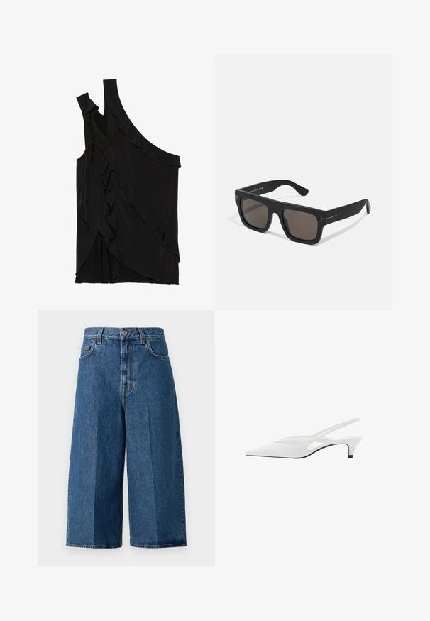 Asymetryczny czarny top z miękkiego materiału, z falbanami po boku i jednym ramiączkiem. Gładka tekstura z elementami drapowania.; Filippa K - Szorty jeansowe; Biała szpilka na odkrytej pięcie z ostrym noskiem, charakteryzująca się gładką cholewką, subtelnymi wycięciami i niskim obcasem w kształcie bloku. Czarna podeszwa podkreśla design.; Czarnie prostokątne okulary przeciwsłoneczne z ciemnymi soczewkami. Matowe wykończenie, z subtelnymi metalicznymi akcentami na zausznikach. Brak widocznego logotypu marki.