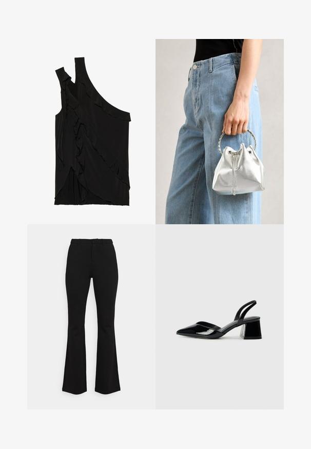 Top negro asimétrico de tejido suave con volantes a lo largo del costado y una sola tirante. Textura suave con elementos de diseño drapeados.; Pantalones acampanados negros hechos de una tela elástica. Presentan una cintura ajustada, diseño frontal plano y sutiles detalles de costura. Textura suave en general.; Zapatos de tacón slingback de charol negro con punta afilada y tacón geométrico en bloque. Presentan un diseño elegante y minimalista, así como una textura suave.; Bolso tipo bucket metálico en plata con un acabado texturizado, adornado con un asa redonda plateada y cierre de cordón, sostenido contra unos jeans azul claro.; Pendientes de aro dorados con un diseño suave y redondeado. Finos y livianos, presentan un lazo continuo sin ningún tipo de adornos.