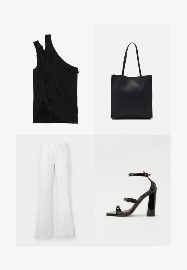 Haut asymétrique noir en tissu doux avec des volants sur le côté et une seule bretelle. Texture lisse avec des éléments de design drapés.; Jean en denim blanc évasés avec une taille haute, dotés de poches avant, passants de ceinture et une fermeture à bouton classique. Texture lisse, design décontracté.; Sandales à talons vernies noires avec un bout carré, des sangles autour de la cheville et des boucles en argent. Dotées d'un talon bloc épais pour plus de stabilité.; Sac fourre-tout en cuir noir avec une texture lisse, de forme rectangulaire et deux longues poignées. Pas de matériel ou d'ornementations visibles.