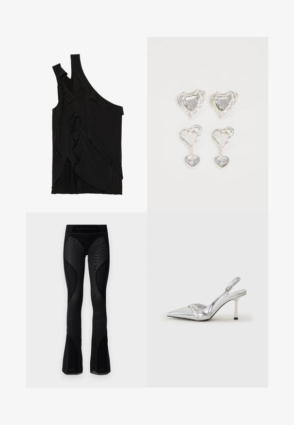 Ebaasne must ülasärk pehmest kangast, rippuvate frillide ja ühe rihmaga. Sile tekstuur, millel on drapeeritud disainielemendid.; Mustad võrkmaterjaliga flared retuusid, millel on tekstuuritud detailid ja mustrilised siseküljed. Omab kõrget vööosa, millel on ülemisel serval brändi logo.; Hõbedased slingback kõrged kontsad terava ninaga, metalne viimistlus, kaks dekoratiivset rihma ja sihvakad kontsad musta otsaga.; Hõbedased südamekujulised kõrvarõngad on kaunistatud lõhikute ja selgete kividega ning neil on tekstureeritud raam. Komplekti kuuluvad kõrvarõngad nupud ja rippuvad mudelid.