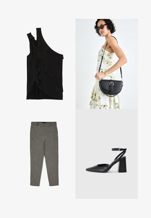 Asymetrický černý top z měkké tkaniny se volánky po straně a jedním ramínkem. Hladká textura s drapériemi.; Pánské šedé tapered společenské kalhoty s poutky na opasek, bočními kapsami a manžetami, vyrobené z texturované tkaniny.; Černé kožené lodičky se špičatou špičkou, kotníkovým páskem a silným podpatkem. Hladká textura, elegantní design a minimalistická estetika.; Černá kožená kabelka s křivkovým tvarem, odnímatelným popruhem a zlatými detaily. Kabelka má klopu s přezkou.