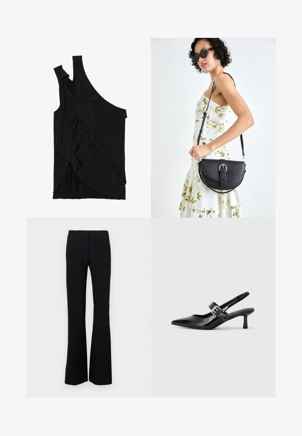 Asymmetrische zwarte top van zachte stof met rimpels aan de zijkant en een enkele band. Gladde textuur met gedrapeerde ontwerpelementen.; Zwarte flared broeken van rekbare stof met een gladde textuur en een aansluitende taille. Geen zichtbare sluitingen of patronen.; Zwarte gepatineerde leren slingback hakken met een puntige neus en een kleine blokhak, met een zilveren gespaccent op de band.; Zwarte leren handtas met een gebogen vorm, afneembare schouderband en gouden hardware. De tas heeft een klep met een gespsluiting.