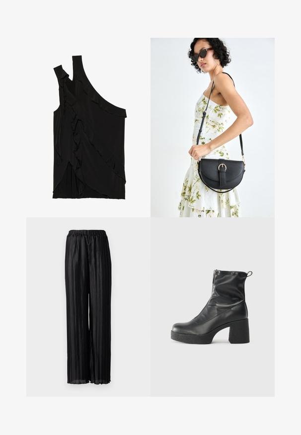 Ebaasne must ülasärk pehmest kangast, rippuvate frillide ja ühe rihmaga. Sile tekstuur, millel on drapeeritud disainielemendid.; Mustad Voltide laiad püksid elastse vöökohtaga, valmistatud läikivast kangast, mis tõstab esile materjali tekstuuri ja langevuse.; Mustad mustad ansapüksid, mis on valmistatud siledast nahast, külje zipperiga, paksu tekstuuriga kontsaga ja ümmarguse nina disainiga.; Mustmust mustraha kõverate joontega, eemaldatava rihmaga ja kuldsete detailidega. Kotil on klapp, millel on pandladetail.