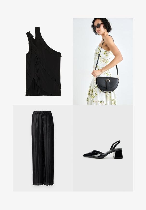 Asimetrisks melns tops no mīksta auduma ar volāniem pa sāniem un vienu siksniņu. Gluda tekstūra ar slīdoša dizaina elementiem.; Melnas plīšu platās kājas bikses ar elastīgu jostasvietu, izgatavotas no spīdīga auduma, kas uzsver tekstūru un kritumu.; Melna lakota āda ar atvērto papēdi, ar smailu purngalu un ģeometrisku blokpapēdi. Iezīmējas elegants, minimāls dizains un gluda tekstūra.; Melnas ādas rokassoma ar izliekta formu, noņemamu siksnu un zelta aksesuāriem. Somai ir vāciņš ar sprādzes detaļu.