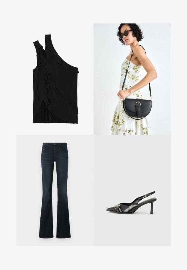 Haut asymétrique noir en tissu doux avec des volants sur le côté et une seule bretelle. Texture lisse avec des éléments de design drapés.; Jean évasé en denim foncé avec une texture lisse, design à cinq poches et fermeture à bouton à la taille. Présente des détails de couture subtils.; Chaussure slingback en cuir verni noir avec un embout pointu, des brides de cheville avec des boucles en argent et des éléments en métal, et un talon fin.; Sac à main en cuir noir avec une forme courbée, bandoulière amovible et des accessoires en or. Le sac est doté d'un rabat avec un détail de boucle.