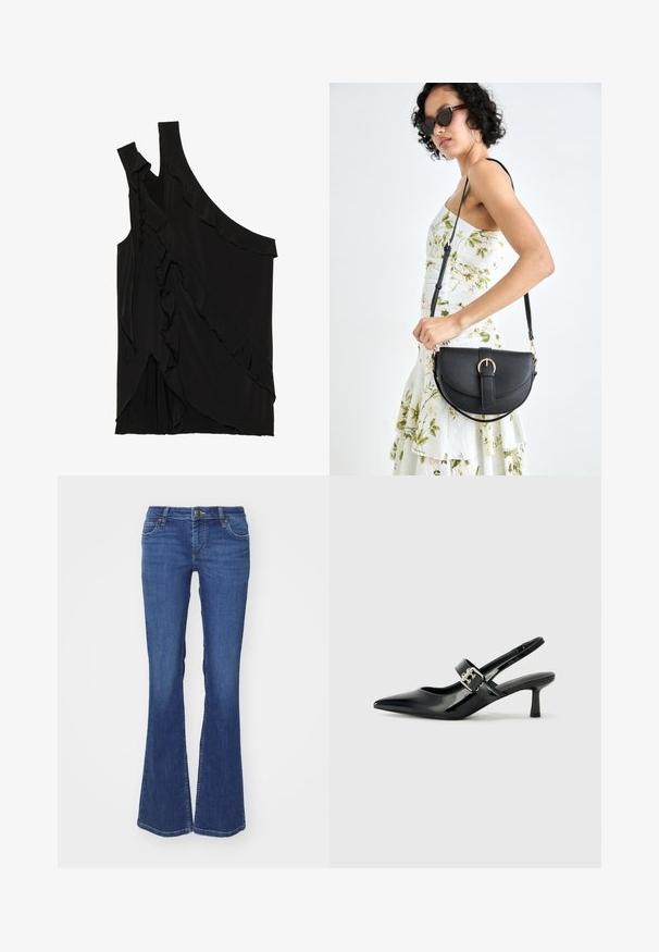 Asymmetrisk svart topp i mjukt tyg med volanger längs sidan och en ensam axelrem. Slät yta med draperade designelement.; Uppvikta blå denimjeans med normal midja, med kontrasterande sömmar och femfickdesign. Slät textur, klassisk passform.; Svarta patentläder slingback-klackar med spetsig tå och en liten blockklack, med en silvrig spänneaccent på remmen.; Svart läderhandväska med en böjd form, avtagbar rem och guldiga detaljer. Väskan har ett lock med en spänndetalj.