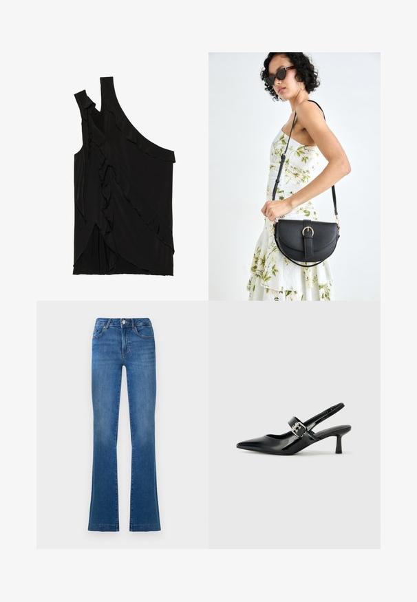 Asimetrična črna majica iz mehkega materiala s čipkami ob strani in enim naramnicom. Gladka tekstura z drapiranimi oblikovalskimi elementi.; Modre flare jeans iz denima, ki vsebujejo klasičen dizajn s petimi žepi, sprednjo zaponko na gumb in rahlo zbledela območja na stegnih.; Črne patent usnjene slingback pete s koničastim nosom in majhnim blok peto, ki vključujejo srebrno zaponko na traku.; Črna usnjena torbica s ukrivljeno obliko, z odstranljivo naramnico in zlatimi dodatki. Torbica ima pokrov s podrobnostmi v obliki zaponke.