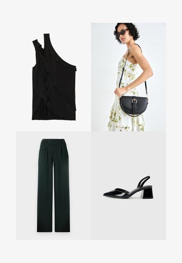 Asimetrična crna majica od mekog materijala s volanima sa strane i jednim remenom. Glatka tekstura s drapiranim dizajnerskim elementima.; Tamnozelene široke hlače od glatkog materijala, sa visokim strukom, nabranim detaljima i dva istaknuta crna dugmeta na prednjoj strani.; Crne lakirane kožne sandale s otvorenom petom i špicastim vrhom, s geometrijskom blok petom. Imaju elegantan, minimalistički dizajn i glatku teksturu.; Crna kožna torba s lukovitim oblikom, odvojivim remenom i zlatnim detaljima. Torba ima preklop s kopčom.