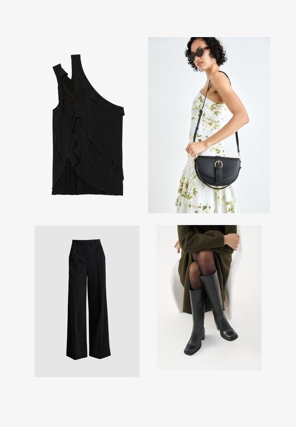 Asimetrična črna majica iz mehkega materiala s čipkami ob strani in enim naramnicom. Gladka tekstura z drapiranimi oblikovalskimi elementi.; ANDIATA GISELLA - Hlače - black; Črne usnjene čevlje do kolen s kvadratnim prstom in blok peto, prikazani na modelu, ki sedi v olivno zeleni plašču. Gladka tekstura, minimalne podrobnosti.; Črna usnjena torbica s ukrivljeno obliko, z odstranljivo naramnico in zlatimi dodatki. Torbica ima pokrov s podrobnostmi v obliki zaponke.