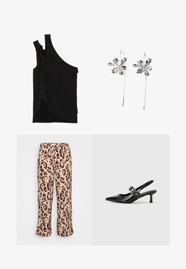 Haut asymétrique noir en tissu doux avec des volants sur le côté et une seule bretelle. Texture lisse avec des éléments de design drapés.; Pantalons imprimés léopard avec une taille élastique, présentant un mélange de teintes beige et marron. Le tissu a une texture lisse ; design à jambes courtes.; Escarpins slingback en cuir verni noir avec un bout pointu et un petit talon bloc, mettant en avant un accent en boucle argentée sur la sangle.; Boucles d'oreilles en argent en forme de fleur avec une finition texturée, présentant de longs crochets et des détails en forme de pétales pour un design complexe.