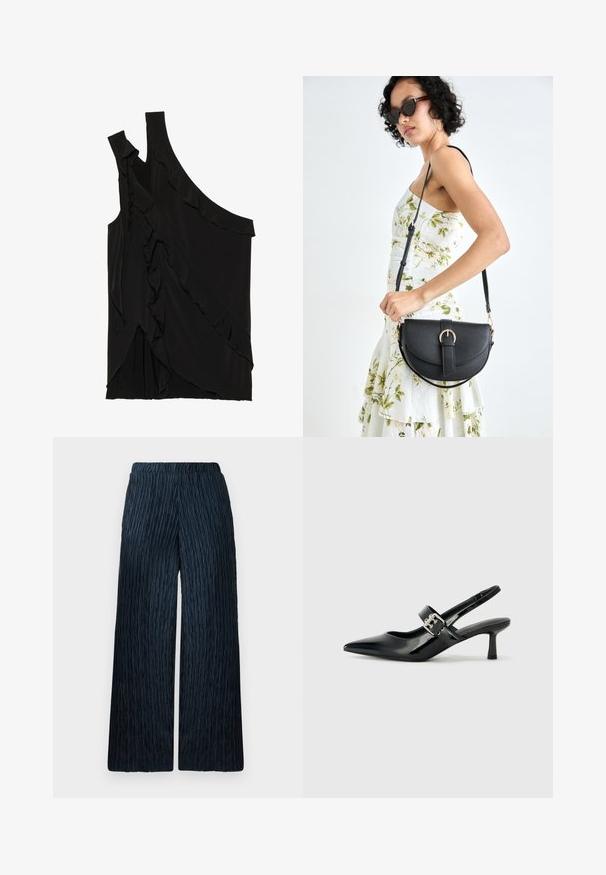 Asymmetrisk sort top i blødt stof med flæser langs siden og en enkelt strop. Glat tekstur med draperede designelementer.; Bredde ben bukser i mørkeblå med struktureret, krøllet stof. Har elastisk talje for komfort og en glat overflade.; Sorte laker slingback hæle med spids tå og en lille blokhæl, med en sølvspændeaccent på remmen.; Sort læderhåndtaske med en buet form, aftagelig rem og guldfinish. Tasken har en klap med en spænde detalje.