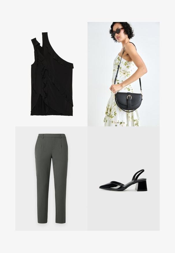 Ujevn svart topp i myk stoff med volanger langs siden og en enkelt stropp. Jevn tekstur med drapert design.; Mørkegrønne bukser med en skræddersyet pasform, der har to sidelommer, lynlåsgylf og plisseelementer for en struktureret design.; Svarte patentlær slingback hæler med spiss tå og geometrisk blokk hæl. Har et stilrent, minimalistisk design og jevn tekstur.; Svart lærveske med en buet form, avtagbar stropp og gullbeslag. Vesken har et klaff med spenne-detall.