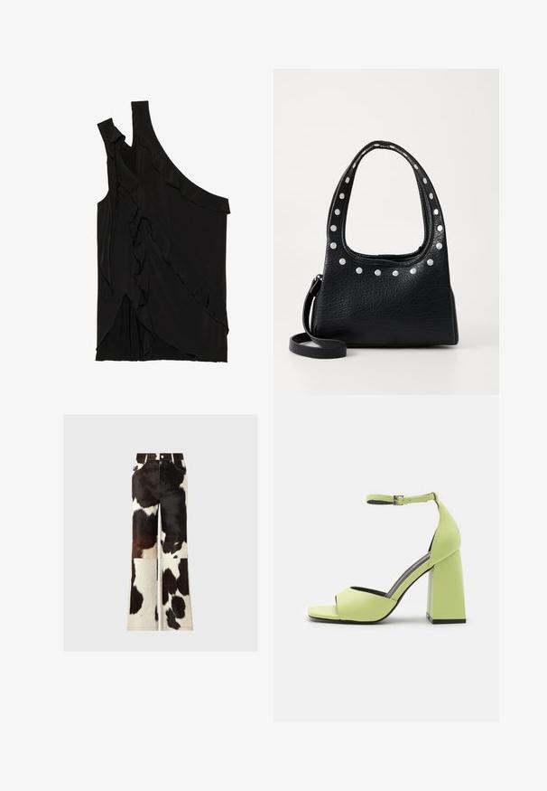 Asymmetrical black top in soft fabric featuring ruffles along the side and a single strap. Smooth texture with draped design elements.; Cowhide flared pants featuring a patchwork design in black and white colors, with a smooth texture and visible stitching accents.; Even&Odd High heeled sandals - light green; Black textured leather handbag with silver studs along the top edge and handles, featuring a short handle and a detachable strap.