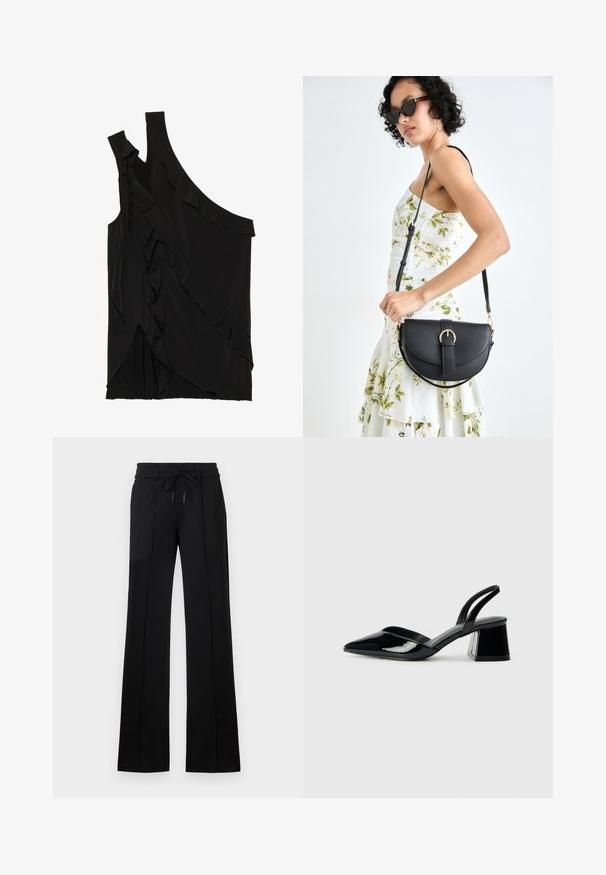 Asymmetrical black top in soft fabric featuring ruffles along the side and a single strap. Smooth texture with draped design elements.; Black tailored trousers with a drawstring waist. Features a straight fit, two front seams, and smooth fabric with a slight sheen.; Black patent leather slingback heels with a pointed toe and a geometric block heel. Features a sleek, minimal design and smooth texture.; Black leather handbag with a curved shape, detachable strap, and gold hardware. The bag features a flap with a buckle detail.