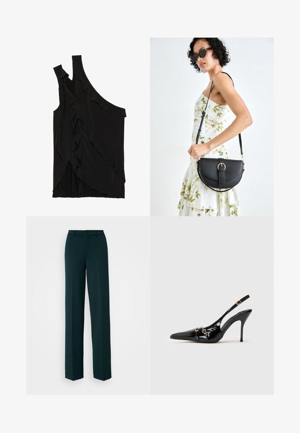 Asymmetrisches schwarzes Oberteil aus weichem Stoff mit Rüschen an der Seite und einem einzigen Träger. Glatte Textur mit drapierten Designelementen.; ONLY Tall ONLPEACH LIFE WIDE - Stoffhose - scarab; Schwarzer Lackleder-Pumps mit spitzem Zehenbereich und offener Ferse, goldenen Hardware-Details und einem eleganten Design.; Schwarze Lederhandtasche mit geschwungener Form, abnehmbarem Tragegurt und goldenen Beschlägen. Die Tasche verfügt über einen Deckel mit einer Schnallen-Details.; Ohrringe aus goldfarbenem Metall mit einem schlanken, geschwungenen Design. Sie verfügen über eine markante, spitze Form, eine polierte Oberfläche und einen Scharnierverschluss.