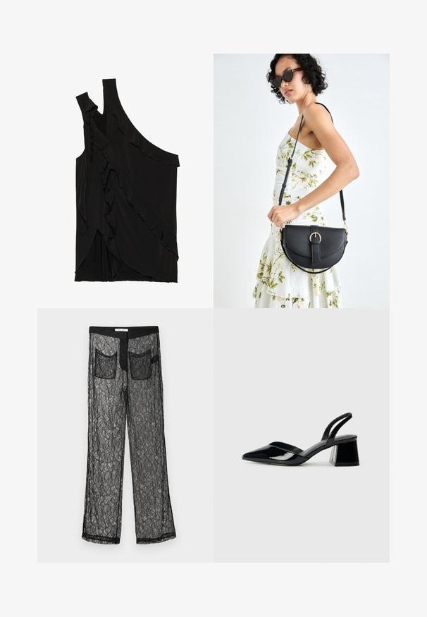 Asymmetrische zwarte top van zachte stof met rimpels aan de zijkant en een enkele band. Gladde textuur met gedrapeerde ontwerpelementen.; Samsøe Samsøe SAYLA TROUSERS - Broek - black; Zwarte gepatineerde leren slingback hakken met een spitse neus en een geometrische blokhak. Kenmerkt zich door een slank, minimalistisch ontwerp en een gladde textuur.; Zwarte leren handtas met een gebogen vorm, afneembare schouderband en gouden hardware. De tas heeft een klep met een gespsluiting.