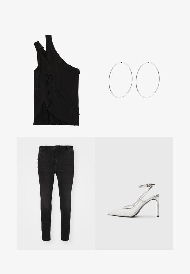 Asimetrisks melns tops no mīksta auduma ar volāniem pa sāniem un vienu siksniņu. Gluda tekstūra ar slīdoša dizaina elementiem.; Vero Moda Curve VMCFLASH SKINNY - Džegingi - black denim; Caurs stiletto papēžu kurpes ar norādītu pirkstu, caurspīdīgu materiālu, metāliskas sudraba akcentus un regulējamu potītes siksniņu.; Sudraba riņķa auskari ar gludu, apaļu dizainu un pulētu apdari. Tie ir plāni un viegli, ar vienkāršu aizdari.