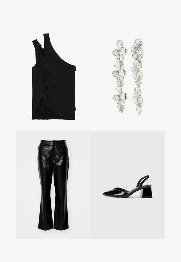 Asymetrický čierny top z jemnej tkaniny s volánmi po boku a jedným ramienkom. Hladká textúra s drapovanými dizajnovými prvkami.; Čierne nohavice z umelého kože s textúrovaným vzorom krokodílej kože, rozšírené nohavice a štandardný pás so pútkami na opasok.; Čierne lakované kožené sandálové podpätky s špicatou špičkou a geometrickým blokovým podpätkom. Disponujú elegantným, minimalistickým dizajnom a hladkým povrchom.; Strieborné náušnice s kvetinovým vzorom a vrstvenými listami. Textúra vyzerá zložite a leštene, čo zvýrazňuje prírodný motív.