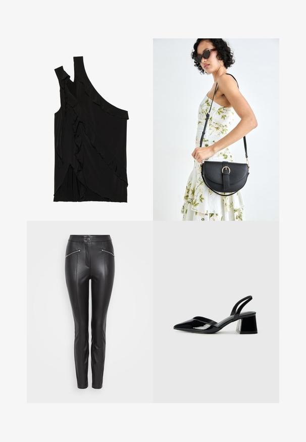 Asimetrisks melns tops no mīksta auduma ar volāniem pa sāniem un vienu siksniņu. Gluda tekstūra ar slīdoša dizaina elementiem.; Melni ādas bikses ar šauru piegriezumu, ar vertikālām šuvēm, ar rāvējslēdzēja kabatu katra sāna pusē un pogu aizdari jostasvietā.; Melna lakota āda ar atvērto papēdi, ar smailu purngalu un ģeometrisku blokpapēdi. Iezīmējas elegants, minimāls dizains un gluda tekstūra.; Melnas ādas rokassoma ar izliekta formu, noņemamu siksnu un zelta aksesuāriem. Somai ir vāciņš ar sprādzes detaļu.