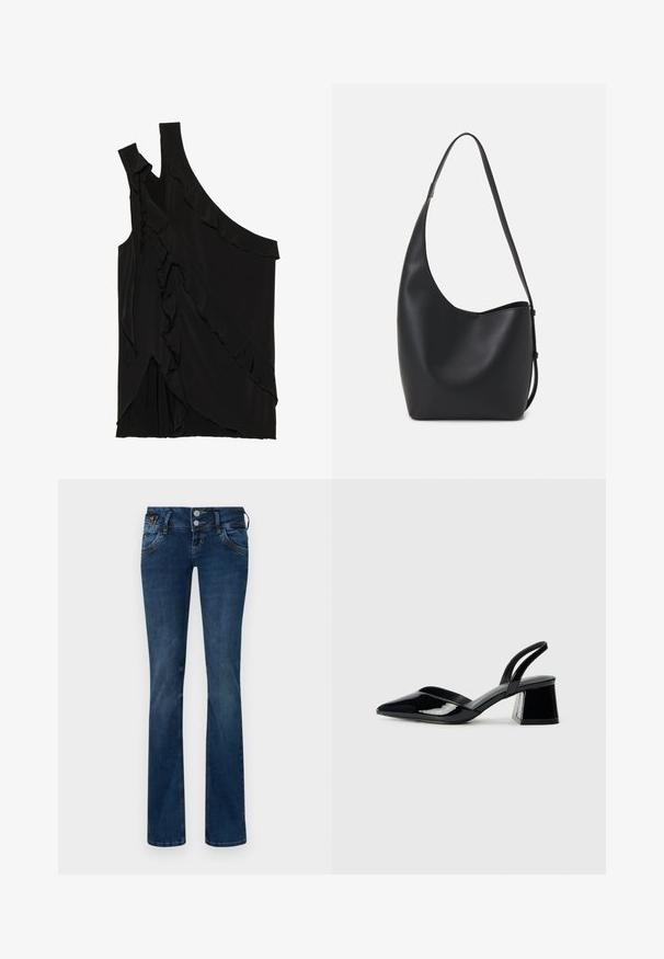 Asimetrisks melns tops no mīksta auduma ar volāniem pa sāniem un vienu siksniņu. Gluda tekstūra ar slīdoša dizaina elementiem.; Tumši zili džinsi ar nedaudz izbalējušu apdari, kas piedāvā klasisku piecu kabatu dizainu un divu pogu priekšējo aizdari.; Melna lakota āda ar atvērto papēdi, ar smailu purngalu un ģeometrisku blokpapēdi. Iezīmējas elegants, minimāls dizains un gluda tekstūra.; Melnas ādas hobo soma ar gludu tekstūru, izliekta forma un vienu regulējamu jostu; augšā ir plaša atvere.