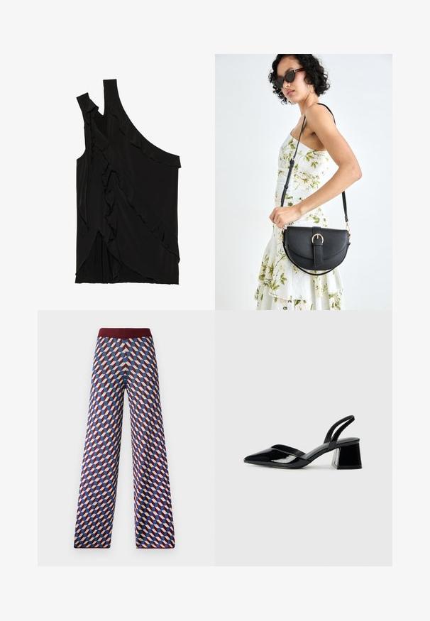 Asymmetrical black top in soft fabric featuring ruffles along the side and a single strap. Smooth texture with draped design elements.; Patterned wide-leg pants with a burgundy waistband, featuring a geometric design in red, blue, and cream colors, woven fabric texture.; Black patent leather slingback heels with a pointed toe and a geometric block heel. Features a sleek, minimal design and smooth texture.; Black leather handbag with a curved shape, detachable strap, and gold hardware. The bag features a flap with a buckle detail.