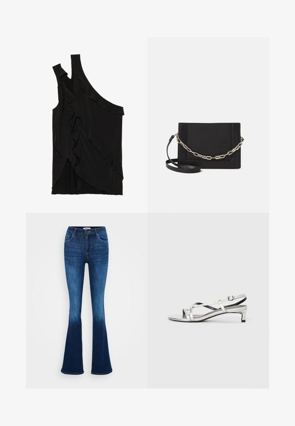 Asimetrična črna majica iz mehkega materiala s čipkami ob strani in enim naramnicom. Gladka tekstura z drapiranimi oblikovalskimi elementi.; ONLY Tall ONLANN MID - Kavbojke na trapez - dark blue denim; Srebrne metalne sandale na peto s crisscross naramnicami in gladko teksturo. Minimalističen dizajn.; Črna usnjena torba čez ramo z gladko teksturo, pravokotno obliko in kovinskim verižnim detajlom spredaj. Vključena je nastavljiva naramnica.