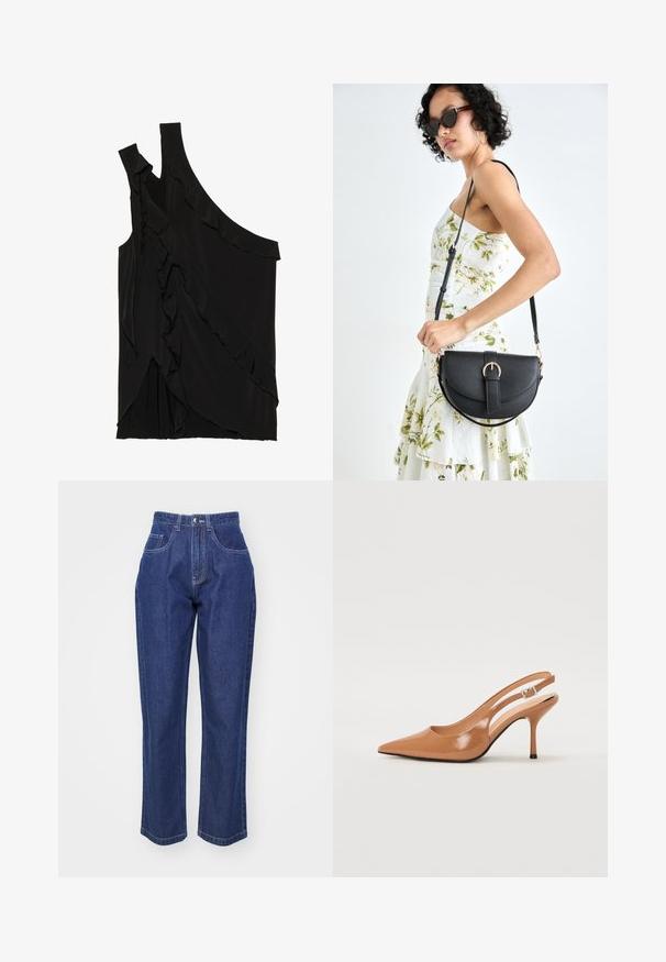 Asimetriška juoda palaidinė iš minkštos medžiagos, pasižyminti volanais šone ir viena petneša. Lygi tekstūra su švelniais drapiruotais elementais.; Tamsiai mėlynos džinsinės kelnės su aukštu liemeniu, tiesiomis kojomis, penkiomis kišenėmis ir kontrastingomis siūlėmis. Klasikinis dizainas su glotnia tekstūra.; Pailgų smailiu pirštu slingback kulnas, pagamintas iš lygaus, blizgaus rudos spalvos medžiagos. Yra kreivų išpjovimų dizainas ir lieknas stiletto kulnas. Sidabrinė sagtis.; Juodas odinis krepšys su išlenkta forma, nuimamu dirželiu ir auksiniais detalėmis. Krepšys turi kilpą su sagtimi.