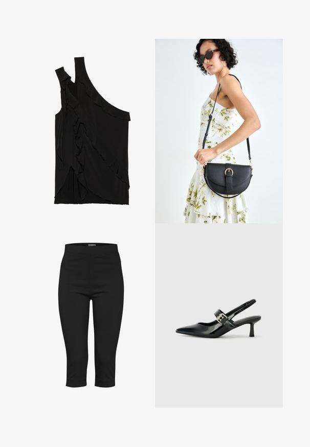 Asimetrična črna majica iz mehkega materiala s čipkami ob strani in enim naramnicom. Gladka tekstura z drapiranimi oblikovalskimi elementi.; Črne kapri hlače iz raztegljivega materiala. Imajo prilegajoč se pas, stranske žepke in skrajšano dolžino z gladko teksturo.; Črne patent usnjene slingback pete s koničastim nosom in majhnim blok peto, ki vključujejo srebrno zaponko na traku.; Črna usnjena torbica s ukrivljeno obliko, z odstranljivo naramnico in zlatimi dodatki. Torbica ima pokrov s podrobnostmi v obliki zaponke.