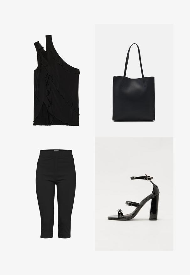 Asimetrična črna majica iz mehkega materiala s čipkami ob strani in enim naramnicom. Gladka tekstura z drapiranimi oblikovalskimi elementi.; Črne kapri hlače iz raztegljivega materiala. Imajo prilegajoč se pas, stranske žepke in skrajšano dolžino z gladko teksturo.; Črne lakirane sandale s peto, kvadratnim prstom, trakovi okrog gležnja in srebrnimi zaponkami. Opremljene so s stabilno Debelo peto.; Črna usnjena torba s svilnato teksturo, pravokotne oblike in dvema dolgima ročajema. Brez vidnih metalnih delov ali okrasnih elementov.
