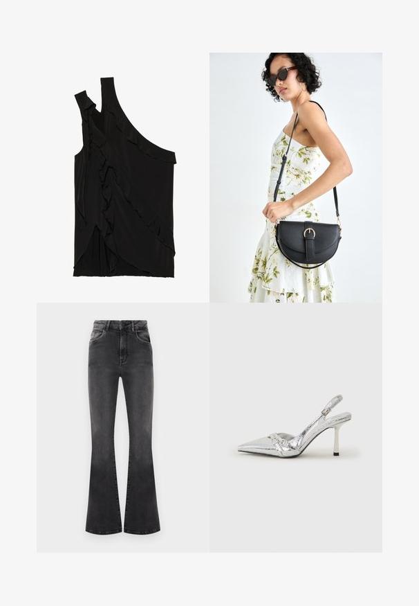 Asymmetrische zwarte top van zachte stof met rimpels aan de zijkant en een enkele band. Gladde textuur met gedrapeerde ontwerpelementen.; Zwarte flared jeans met een hoge taille, naaigegevens en vijf zakken. De stof heeft een gladde textuur met een vervaagd effect.; Zilveren slingback hoge hak schoen met een spitse neus, metalen afwerking, twee decoratieve banden en een slanke hak met een zwarte punt.; Zwarte leren handtas met een gebogen vorm, afneembare schouderband en gouden hardware. De tas heeft een klep met een gespsluiting.