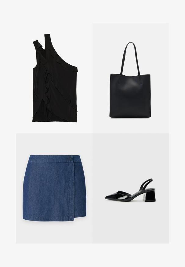 Asimetrična crna majica od mekog materijala s volanima sa strane i jednim remenom. Glatka tekstura s drapiranim dizajnerskim elementima.; Jean suknja s omotom, tamnoplave boje, sa kopčanjem na desnoj strani i ravnim rubom. Mekana tekstura.; Crne lakirane kožne sandale s otvorenom petom i špicastim vrhom, s geometrijskom blok petom. Imaju elegantan, minimalistički dizajn i glatku teksturu.; Crna kožna torba za nošenje s glatkom teksturom, pravokutnim oblikom i dvije duge ručke. Nema vidljivih metalnih dijelova ili ukrasa.