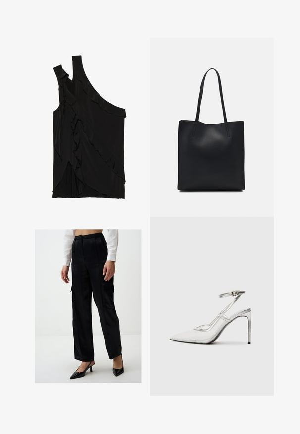 Asymmetrische zwarte top van zachte stof met rimpels aan de zijkant en een enkele band. Gladde textuur met gedrapeerde ontwerpelementen.; Zwarte satijnen cargobroek met een losse pasvorm, voorzien van zijzakken en een gladde textuur. Gecombineerd met zwarte puntige slingback hakken.; Duidelijke stiletto hak schoen met een spitse neus, transparant materiaal, metallic zilveren accenten en een verstelbare enkelband.; Zwarte leren handtas met een gladde textuur, rechthoekige vorm en twee lange handvaten. Geen zichtbare hardware of versieringen.