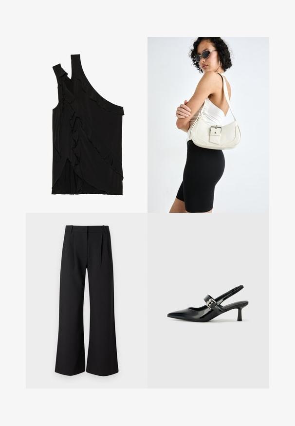 Asimetrična crna majica od mekog materijala s volanima sa strane i jednim remenom. Glatka tekstura s drapiranim dizajnerskim elementima.; Crne široke hlače glatke teksture, s nabranim dijelom sprijeda i ravnim pojasom, pogodne za formalnu ili ležernu odjeću.; Crne lakirane slingback potpetice s oštrim prstom i malom blok petom, s naglaskom na srebrnoj kopči na remenu.; Bijela kožna torbica s zakrivljenim oblikom, podesivim remenom i malim detaljem kopče. Model nosi usklađeni crni outfit.