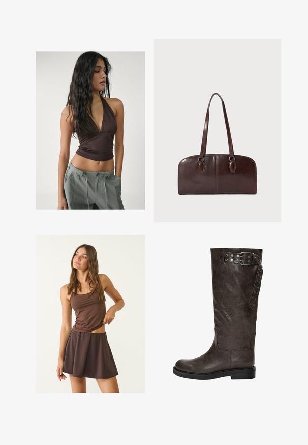 Top halter marrone con scollatura a V profonda e tessuto arricciato sul busto, abbinato a pantaloni cargo larghi grigio chiaro con lacci regolabili in vita.; Blusa color crema con scollo a V, maniche lunghe a palloncino e rouches a strati all'orlo, con un dettaglio a cravatta sul retro centrale.; Canotta marrone e gonna a campana coordinata, realizzata in tessuto morbido e leggero. La canotta presenta spalline sottili e una silhouette aderente.; Stivale in pelle marrone fino al ginocchio con una finitura texturizzata, dotato di una fibbia e di dettagli a scatto laterali, e una suola di gomma piatta.; Borsa in pelle marrone con due manici lunghi, forma rettangolare strutturata, superficie liscia e angoli arrotondati. Presenta dettagli di accentuazione sui manici.