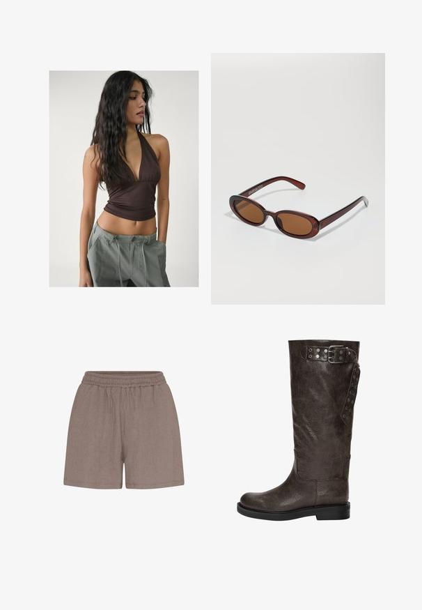 Top halter marrone con scollatura a V profonda e tessuto arricciato sul busto, abbinato a pantaloni cargo larghi grigio chiaro con lacci regolabili in vita.; Blusa color crema con scollo a V, maniche lunghe a palloncino e rouches a strati all'orlo, con un dettaglio a cravatta sul retro centrale.; Shorts marroni con texture e vita elastica. Presentano una vestibilità comoda e una costruzione semplice, adatti per un abbigliamento casual.; Stivale in pelle marrone fino al ginocchio con una finitura texturizzata, dotato di una fibbia e di dettagli a scatto laterali, e una suola di gomma piatta.; Occhiali da sole rotondi con tonalità marrone, montatura lucida color bordeaux. Aste sottili con un sottile dettaglio del marchio. Design delle lenti piatte.