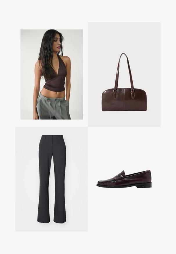 Brun halterneck-top med en dyb V-udskæring og samlet stof ved brystet, parret med løse, lyse grå cargo-bukser med justerbare talje-snore.; Weekday SUITING - Bukser - dark grey; Mænds mørkebrune læder penny loafers med sort sål og syning langs tåen, vist i sideprofil.; Brun lædertaske med to lange håndtag, en struktureret rektangulær form, glat tekstur og afrundede kanter. Har accentdetaljer ved håndtagene.